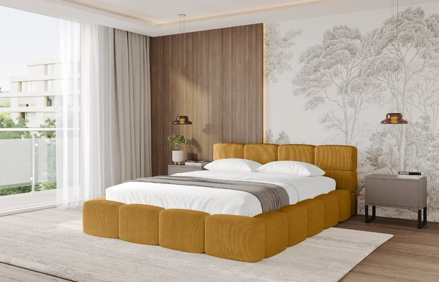 Bezug: Cord, Farbe: Senfgelb - Poso 42, Stoffbeschreibung: POSO ist ein angenehm anzufühlender Velours mit Kordstruktur (35000 MartindaleZyklen) und leicht zu reinigender Möbellstoff, lichtecht (5) und pillingarm (5), Gewicht 380 g/m2 ±5%, Zimmer: Schlafzimmer, Länge: 224 cm, Breite: 148 cm, Höhe: 81 cm, Größe: 120x200 cm, Länge der Schlaffläche: 200 cm, Breite der Schlaffläche: 120 cm, Liegehöhe: 48 cm, Matratze: Mit H3 / H4 Taschenfederkern Matratze, Höhe der Matratze: 25 cm, Matratzentyp: Taschenfederkernmatratze, Bettkasten: Ja, Höhe der Bettkasten: 33 cm, Höhe des Kopfteils: 81 cm, Dicke des Kopfteils: 8 cm, Dicke des Fußteils: 7 cm, Gepolsterte Rückseite: Nein - 1