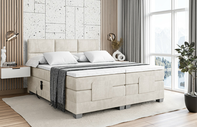 Bezug: Samt, Farbe: Beige - Casablanca 2301, Stoffbeschreibung: Polsterstoff Casablanca: „Pet-friendly“, leicht zu reinigen (CleanBOO+), wasserabweisend mit Lotuseffekt, scheuerfest (45.000 Martindale- Zyklen), Gewicht 310g/m2 ±5 %, Zimmer: Schlafzimmer, Länge: 210 cm, Breite: 147 cm, Höhe: 115 cm, Größe: 140x200 cm, Länge der Schlaffläche: 200 cm, Breite der Schlaffläche: 140 cm, Liegehöhe: 70 cm, Härtegrad der Matratze: H4, Höhe der Matratze: 38 cm, Matratze: Multipocketfederung, Farbe des Toppers: Weiß, Höhe des Toppers: 4 cm, Material des Toppers: Schaumstoff, Höhe des Kopfteils: 115 cm, Höhe der Füße: 8 cm, Dicke des Kopfteils: 10 cm, Gepolsterte Rückseite: Nein - 1