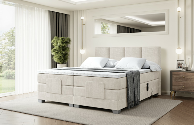 Bezug: Samt, Farbe: Beige - Casablanca 2301, Stoffbeschreibung: Polsterstoff Casablanca: „Pet-friendly“, leicht zu reinigen (CleanBOO+), wasserabweisend mit Lotuseffekt, scheuerfest (45.000 Martindale- Zyklen), Gewicht 310g/m2 ±5 %, Zimmer: Schlafzimmer, Länge: 210 cm, Breite: 147 cm, Höhe: 115 cm, Größe: 140x200 cm, Länge der Schlaffläche: 200 cm, Breite der Schlaffläche: 140 cm, Liegehöhe: 70 cm, Härtegrad der Matratze: H4, Höhe der Matratze: 38 cm, Matratze: Multipocketfederung, Farbe des Toppers: Weiß, Höhe des Toppers: 4 cm, Material des Toppers: Schaumstoff, Höhe des Kopfteils: 115 cm, Höhe der Füße: 8 cm, Dicke des Kopfteils: 10 cm, Gepolsterte Rückseite: Nein - 1