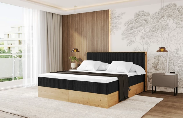 Bezug: Cord, Farbe: Schwarz - Tilia 100, Stoffbeschreibung: Polsterstoff Tilia: angenehma Polsterstoff mit Kordstruktur (90-100 000 Martindale-Zyklen) und leicht zu reinigender Möbellstoff, pillingarm (4-5), aus 100%PES, 420 g/m2 ±5 %, Zimmer: Schlafzimmer, Länge: 210 cm, Breite: 129 cm, Höhe: 104 cm, Größe: 120x200 cm, Länge der Schlaffläche: 200 cm, Breite der Schlaffläche: 120 cm, Liegehöhe: 51 cm, Härtegrad der Matratze: H3, Höhe der Matratze: 20 cm, Matratze: Bonellfederung, Farbe des Toppers: Weiß, Höhe des Toppers: 4 cm, Material des Toppers: Schaumstoff, Bettkasten: Ja, Anzahl der Bettkasten: 2, Höhe der Bettkasten: 25 cm, Höhe des Kopfteils: 104 cm, Material der Füße: Plastik, Höhe der Füße: 2 cm, Dicke des Kopfteils: 10 cm, Gepolsterte Rückseite: Nein - 1