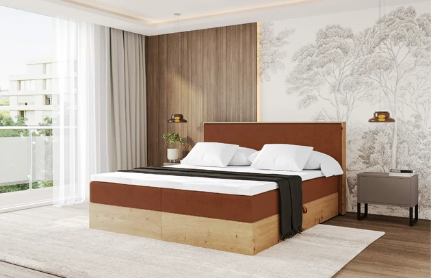 Bezug: Kunstfell, Farbe: Terakotta - Lapitt 44, Stoffbeschreibung: Polsterstoff LAPITT: besonders weicher und dichter Stoff von hoher Qualität, Zusammensetzung 100%PES, scheuerfest (60000), Gewicht von 315 g/m2 ± 5% ,Reibungswiderstand 4–5., Zimmer: Schlafzimmer, Länge: 210 cm, Breite: 129 cm, Höhe: 104 cm, Größe: 120x200 cm, Länge der Schlaffläche: 200 cm, Breite der Schlaffläche: 120 cm, Liegehöhe: 51 cm, Härtegrad der Matratze: H3, Höhe der Matratze: 20 cm, Matratze: Bonellfederung, Farbe des Toppers: Weiß, Höhe des Toppers: 4 cm, Material des Toppers: Schaumstoff, Bettkasten: Ja, Anzahl der Bettkasten: 2, Höhe der Bettkasten: 25 cm, Höhe des Kopfteils: 104 cm, Material der Füße: Plastik, Höhe der Füße: 2 cm, Dicke des Kopfteils: 10 cm, Gepolsterte Rückseite: Nein - 1