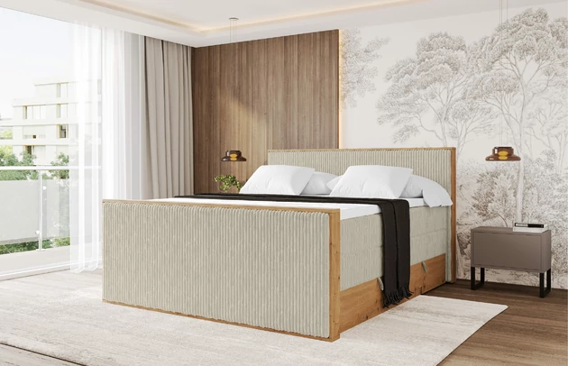 Bezug: Cord, Farbe: Creme - Tilia 03, Stoffbeschreibung: Polsterstoff Tilia: angenehma Polsterstoff mit Kordstruktur (90-100 000 Martindale-Zyklen) und leicht zu reinigender Möbellstoff, pillingarm (4-5), aus 100%PES, 420 g/m2 ±5 %, Zimmer: Schlafzimmer, Länge: 217 cm, Breite: 151 cm, Höhe: 115 cm, Größe: 140x200 cm, Länge der Schlaffläche: 200 cm, Breite der Schlaffläche: 140 cm, Liegehöhe: 75 cm, Härtegrad der Matratze: H3 und H4, Höhe der Matratze: 43 cm, Matratze: Multipocketfederung und Bonellfederung, Farbe des Toppers: Weiß, Höhe des Toppers: 5 cm, Material des Toppers: Schaumstoff, Bettkasten: Ja, Anzahl der Bettkasten: 2, Höhe der Bettkasten: 25 cm, Höhe des Kopfteils: 115 cm, Material der Füße: Plastik, Höhe der Füße: 2 cm, Dicke des Kopfteils: 10 cm, Dicke des Fußteils: 7 cm, Gepolsterte Rückseite: Nein - 1
