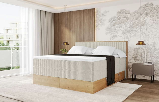 Bezug: Cord, Farbe: Creme - Tilia 01, Stoffbeschreibung: Polsterstoff Tilia: angenehma Polsterstoff mit Kordstruktur (90-100 000 Martindale-Zyklen) und leicht zu reinigender Möbellstoff, pillingarm (4-5), aus 100%PES, 420 g/m2 ±5 %, Zimmer: Schlafzimmer, Länge: 210 cm, Breite: 131 cm, Höhe: 115 cm, Größe: 120x200 cm, Länge der Schlaffläche: 200 cm, Breite der Schlaffläche: 120 cm, Liegehöhe: 75 cm, Härtegrad der Matratze: H3 und H4, Höhe der Matratze: 43 cm, Matratze: Multipocketfederung und Bonellfederung, Farbe des Toppers: Weiß, Höhe des Toppers: 5 cm, Material des Toppers: Schaumstoff, Bettkasten: Ja, Anzahl der Bettkasten: 2, Höhe der Bettkasten: 25 cm, Höhe des Kopfteils: 115 cm, Material der Füße: Plastik, Höhe der Füße: 2 cm, Dicke des Kopfteils: 10 cm, Gepolsterte Rückseite: Nein - 1