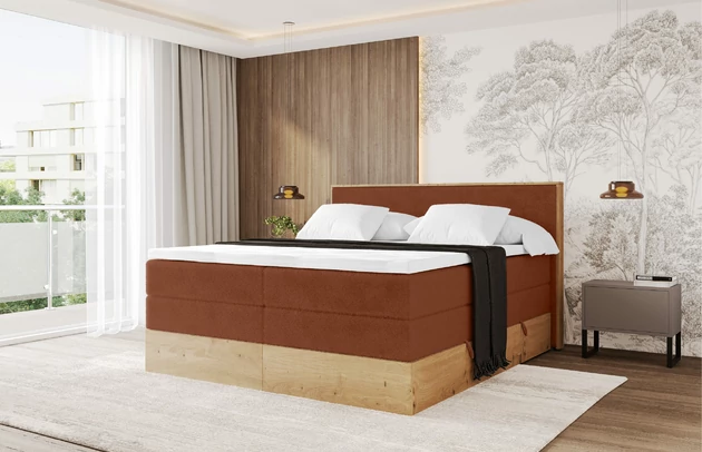 Bezug: Kunstfell, Farbe: Terakotta - Lapitt 44, Stoffbeschreibung: Polsterstoff LAPITT: besonders weicher und dichter Stoff von hoher Qualität, Zusammensetzung 100%PES, scheuerfest (60000), Gewicht von 315 g/m2 ± 5% ,Reibungswiderstand 4–5., Zimmer: Schlafzimmer, Länge: 210 cm, Breite: 131 cm, Höhe: 115 cm, Größe: 120x200 cm, Länge der Schlaffläche: 200 cm, Breite der Schlaffläche: 120 cm, Liegehöhe: 75 cm, Härtegrad der Matratze: H3 und H4, Höhe der Matratze: 43 cm, Matratze: Multipocketfederung und Bonellfederung, Farbe des Toppers: Weiß, Höhe des Toppers: 5 cm, Material des Toppers: Schaumstoff, Bettkasten: Ja, Anzahl der Bettkasten: 2, Höhe der Bettkasten: 25 cm, Höhe des Kopfteils: 115 cm, Material der Füße: Plastik, Höhe der Füße: 2 cm, Dicke des Kopfteils: 10 cm, Gepolsterte Rückseite: Nein - 1