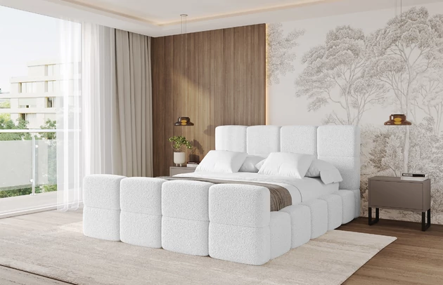 Bezug: Bouclé, Farbe: Weiß - Quelle 01, Stoffbeschreibung: Polsterstoff Quelle: hochwertiger Bouclé Stoff, strapazierfähig, atmungsaktiv und pflegeleicht. (80.000 Martindale-Zyklen) 100 % PES, pillingarm(4-5), Gewicht 315 g/m² ±5 %, Zimmer: Schlafzimmer, Länge: 224 cm, Breite: 168 cm, Höhe: 110 cm, Größe: 140x200 cm, Länge der Schlaffläche: 200 cm, Breite der Schlaffläche: 140 cm, Liegehöhe: 48 cm, Matratze: Mit H3 / H4 Taschenfederkern Matratze, Höhe der Matratze: 25 cm, Matratzentyp: Taschenfederkernmatratze, Bettkasten: Ja, Anzahl der Bettkasten: 1, Höhe der Bettkasten: 33 cm, Höhe des Kopfteils: 110 cm, Gepolsterte Rückseite: Nein - 1