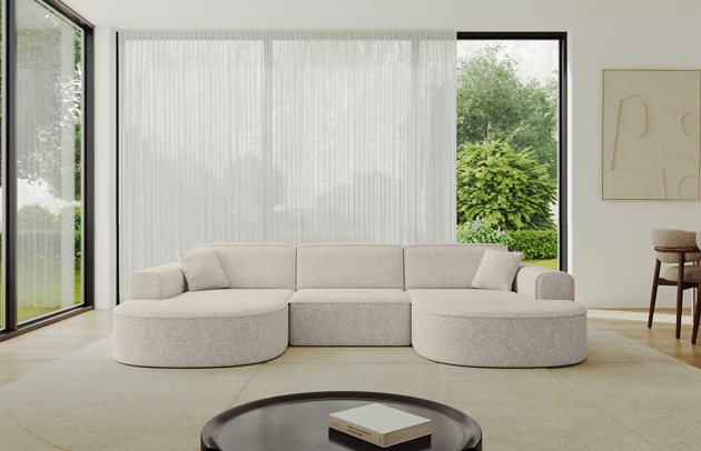 Bezug: Strukturstoff, Farbe: Beige - Bosco 08, Stellvariante: U-Form, Stoffbeschreibung: Polsterstoff BOSCO:angenehm weich und voluminös im Griff, 100%PES, scheuerfest (>100.000 Martindale-Zyklen), Gewicht 500g/m² +/-10%, lichtecht (4-5), pillingarm (4-5)., Materialzusammensetzung: 100% Polyseter, Pilling Resistenz: 4-5, Abriebfestigkeit: 4, Scheuerbeständigkeit: 100000 Martindale-Zyklen, Ausstattung: Kissen, Zimmer: Wohnzimmer, Tiefe: 171 cm, Breite: 303 cm, Höhe: 79,5 cm, Schlaffunktion: Ohne Schlaffunktion, Länge der Schlaffläche: Nicht zutreffend, Breite der Schlaffläche: Nicht zutreffend, Liegehöhe: Nicht zutreffend, Anzahl der Sitzflächen: 4, Sitzfüllung: Wellenfeder + HR35 und T30-Schaum, Art der Rückenkissen: Rückenlehne - feste, Annzahl der Sitzkissen: 3, Anzahl der Zierkissen: 2, Breite der Armlehnen: 20 cm, Höhe der Armlehnen: 58 cm, Breite der Ottomane: 109 cm, Tiefe der Ottomane: 151 cm, Tiefe der Sitzfläche: 62 cm, Sitzhöhe: 43,5 cm - 1