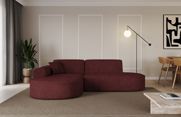 Bezug: Samt, Farbe: Bordeauxrot - Dream Velvet 202.11, Stellvariante: Ottomane Links, Stoffbeschreibung: Polsterstoff Dream Velvet: Wasserabweisender und leicht zu reinigender Möbelstoff, scheuerfest (30.000 Martindale-Zyklen) lichtecht (6) und pillingarm (4-5), aus 100 % PES, Gewicht 360 g/m2 ±5 %, Materialzusammensetzung: 100% Polyseter, Pilling Resistenz: 4-5, Abriebfestigkeit: 5, Scheuerbeständigkeit: 30000 Martindale-Zyklen, Ausstattung: Kissen, Zimmer: Wohnzimmer, Tiefe: 171 cm, Breite: 243 cm, Höhe: 79,5 cm, Schlaffunktion: Ohne Schlaffunktion, Länge der Schlaffläche: Nicht zutreffend, Breite der Schlaffläche: Nicht zutreffend, Liegehöhe: Nicht zutreffend, Anzahl der Sitzflächen: 3, Sitzfüllung: Wellenfeder + HR35 und T30-Schaum, Art der Rückenkissen: Rückenlehne - feste, Annzahl der Sitzkissen: 2, Anzahl der Zierkissen: 1, Breite der Armlehnen: 20 cm, Höhe der Armlehnen: 58 cm, Breite der Ottomane: 109 cm, Tiefe der Ottomane: 151 cm, Tiefe der Sitzfläche: 62 cm, Sitzhöhe: 43,5 cm - 1