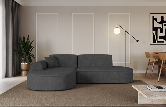 Bezug: Samt, Farbe: Dunkelgrau - Dream Velvet 202.13, Stellvariante: Ottomane Links, Stoffbeschreibung: Polsterstoff Dream Velvet: Wasserabweisender und leicht zu reinigender Möbelstoff, scheuerfest (30.000 Martindale-Zyklen) lichtecht (6) und pillingarm (4-5), aus 100 % PES, Gewicht 360 g/m2 ±5 %, Materialzusammensetzung: 100% Polyseter, Pilling Resistenz: 4-5, Abriebfestigkeit: 5, Scheuerbeständigkeit: 30000 Martindale-Zyklen, Ausstattung: Kissen, Zimmer: Wohnzimmer, Tiefe: 171 cm, Breite: 243 cm, Höhe: 79,5 cm, Schlaffunktion: Ohne Schlaffunktion, Länge der Schlaffläche: Nicht zutreffend, Breite der Schlaffläche: Nicht zutreffend, Liegehöhe: Nicht zutreffend, Anzahl der Sitzflächen: 3, Sitzfüllung: Wellenfeder + HR35 und T30-Schaum, Art der Rückenkissen: Rückenlehne - feste, Annzahl der Sitzkissen: 2, Anzahl der Zierkissen: 1, Breite der Armlehnen: 20 cm, Höhe der Armlehnen: 58 cm, Breite der Ottomane: 109 cm, Tiefe der Ottomane: 151 cm, Tiefe der Sitzfläche: 62 cm, Sitzhöhe: 43,5 cm - 1