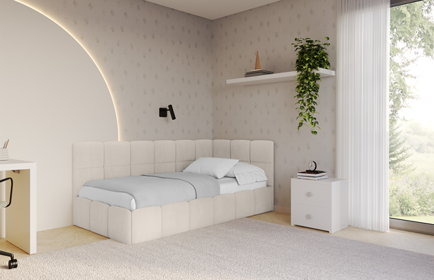 Bezug: Samt, Farbe: Beige - Casablanca 2301, Stoffbeschreibung: Polsterstoff Casablanca: „Pet-friendly“, leicht zu reinigen (CleanBOO+), wasserabweisend mit Lotuseffekt, scheuerfest (45.000 Martindale- Zyklen), Gewicht 310g/m2 ±5 %, Zimmer: Kinderzimmer, Länge: 215 cm, Breite: 115 cm, Höhe: 90 cm, Größe: 100x200 cm, Länge der Schlaffläche: 200 cm, Breite der Schlaffläche: 100 cm, Stellvariante: Linksseitig, Matratze: Mit H3 / H4 Taschenfederkern Matratze, Höhe der Matratze: 25 cm, Matratzentyp: Taschenfederkernmatratze, Bettkasten: Ja, Anzahl der Bettkasten: 1, Höhe der Bettkasten: 32 cm, Höhe des Kopfteils: 90 cm, Dicke des Kopfteils: 8 cm, Gepolsterte Rückseite: Nein - 1