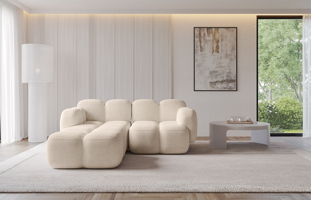 Bezug: Samt, Farbe: Beige - Dream Velvet 202.02, Stellvariante: Ottomane Links, Stoffbeschreibung: Polsterstoff Dream Velvet: Wasserabweisender und leicht zu reinigender Möbelstoff, scheuerfest (30.000 Martindale-Zyklen) lichtecht(6), pillingarm(4-5), 100 % PES, 360 g/m2±5%, Materialzusammensetzung: 100% Polyester, Pilling Resistenz: 5, Abriebfestigkeit: 5, Scheuerbeständigkeit: 30000 Martindale-Zyklen, Ausstattung: Nicht zutreffend, Schlaffunktion: Ohne Schlaffunktion, Zimmer: Wohnzimmer, Tiefe: 205 cm, Breite: 214 cm, Höhe: 75 cm, Liegehöhe: 43 cm, Anzahl der Sitzflächen: 2, Sitzfüllung: Wellenfeder Typ A + T30-Schaum, Art der Rückenkissen: Rückenlehne - feste, Material der Füße: Kunststoff, Breite der Armlehnen: 32 cm, Breite der Ottomane: 107 cm, Tiefe der Ottomane: 205 cm, Tiefe der Sitzfläche: 84 cm, Sitzhöhe: 43 cm - 1