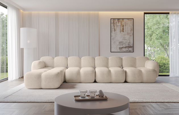 Bezug: Samt, Farbe: Beige - Dream Velvet 202.02, Stellvariante: Ottomane Links, Stoffbeschreibung: Polsterstoff Dream Velvet: Wasserabweisender und leicht zu reinigender Möbelstoff, scheuerfest (30.000 Martindale-Zyklen) lichtecht(6), pillingarm(4-5), 100 % PES, 360 g/m2±5%, Materialzusammensetzung: 100% Polyester, Pilling Resistenz: 5, Abriebfestigkeit: 5, Scheuerbeständigkeit: 30000 Martindale-Zyklen, Ausstattung: Nicht zutreffend, Schlaffunktion: Ohne Schlaffunktion, Zimmer: Wohnzimmer, Tiefe: 205 cm, Breite: 390 cm, Höhe: 75 cm, Liegehöhe: 43 cm, Anzahl der Sitzflächen: 6, Sitzfüllung: Wellenfeder Typ A + T30-Schaum, Art der Rückenkissen: Rückenlehne - feste, Material der Füße: Kunststoff, Breite der Armlehnen: 32 cm, Breite der Ottomane: 107 cm, Tiefe der Ottomane: 205 cm, Tiefe der Sitzfläche: 84 cm, Sitzhöhe: 43 cm - 1