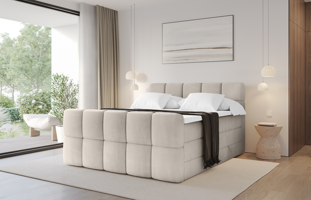 Bezug: Samt, Farbe: Beige - Casablanca 2301, Stoffbeschreibung: Polsterstoff Casablanca: „Pet-friendly“, leicht zu reinigen (CleanBOO+), wasserabweisend mit Lotuseffekt, scheuerfest (45.000 Martindale- Zyklen), Gewicht 310g/m2 ±5 %, Zimmer: Schlafzimmer, Länge: 215 cm, Breite: 120 cm, Höhe: 115 cm, Größe: 120x200 cm, Länge der Schlaffläche: 200 cm, Breite der Schlaffläche: 120 cm, Liegehöhe: 73 cm, Härtegrad der Matratze: h3-h4, Höhe der Matratze: 20+18 cm, Matratze: Multipocketfederung und Bonellfederung, Farbe des Toppers: Weiß, Höhe des Toppers: 5 cm, Material des Toppers: Schaumstoff, Bettkasten: Ja, Anzahl der Bettkasten: 2, Höhe der Bettkasten: 30 cm, Höhe des Kopfteils: 115 cm, Material der Füße: Kunststoff, Höhe der Füße: 2 cm, Dicke des Kopfteils: 6 cm, Dicke des Fußteils: 5 cm, Gepolsterte Rückseite: Nein - 1