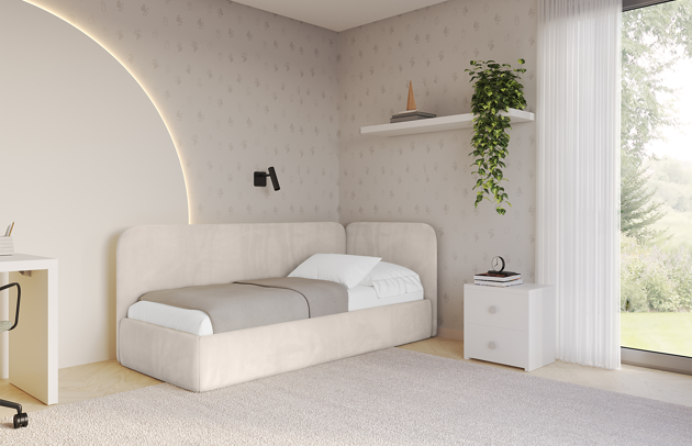 Bezug: Samt, Farbe: Beige - Casablanca 2301, Stoffbeschreibung: Polsterstoff Casablanca: „Pet-friendly“, leicht zu reinigen (CleanBOO+), wasserabweisend mit Lotuseffekt, scheuerfest (45.000 Martindale- Zyklen), Gewicht 310g/m2 ±5 %, Zimmer: Kinderzimmer, Länge: 215 cm, Breite: 115 cm, Höhe: 90 cm, Größe: 100x200 cm, Länge der Schlaffläche: 200 cm, Breite der Schlaffläche: 100 cm, Stellvariante: Linksseitig, Matratze: Mit H3 / H4 Taschenfederkern Matratze, Höhe der Matratze: 25 cm, Matratzentyp: Taschenfederkernmatratze, Bettkasten: Ja, Anzahl der Bettkasten: 1, Höhe der Bettkasten: 32 cm, Höhe des Kopfteils: 90 cm, Dicke des Kopfteils: 8 cm, Gepolsterte Rückseite: Nein - 1