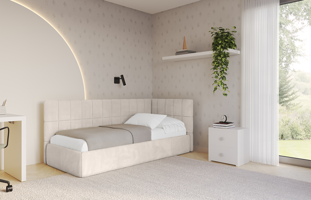 Bezug: Samt, Farbe: Beige - Casablanca 2301, Stoffbeschreibung: Polsterstoff Casablanca: „Pet-friendly“, leicht zu reinigen (CleanBOO+), wasserabweisend mit Lotuseffekt, scheuerfest (45.000 Martindale- Zyklen), Gewicht 310g/m2 ±5 %, Zimmer: Kinderzimmer, Länge: 215 cm, Breite: 115 cm, Höhe: 90 cm, Größe: 100x200 cm, Länge der Schlaffläche: 200 cm, Breite der Schlaffläche: 100 cm, Stellvariante: Linksseitig, Matratze: Mit H3 / H4 Taschenfederkern Matratze, Höhe der Matratze: 25 cm, Matratzentyp: Taschenfederkernmatratze, Bettkasten: Ja, Anzahl der Bettkasten: 1, Höhe der Bettkasten: 32 cm, Höhe des Kopfteils: 90 cm, Dicke des Kopfteils: 8 cm, Gepolsterte Rückseite: Nein - 1