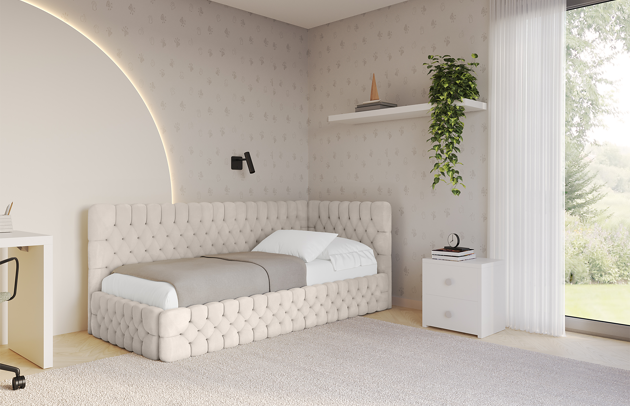Bezug: Samt, Farbe: Beige - Casablanca 2301, Stoffbeschreibung: Polsterstoff Casablanca: „Pet-friendly“, leicht zu reinigen (CleanBOO+), wasserabweisend mit Lotuseffekt, scheuerfest (45.000 Martindale- Zyklen), Gewicht 310g/m2 ±5 %, Zimmer: Kinderzimmer, Länge: 215 cm, Breite: 115 cm, Höhe: 90 cm, Größe: 100x200 cm, Länge der Schlaffläche: 200 cm, Breite der Schlaffläche: 100 cm, Stellvariante: Linksseitig, Matratze: Mit H3 / H4 Taschenfederkern Matratze, Höhe der Matratze: 25 cm, Matratzentyp: Taschenfederkernmatratze, Bettkasten: Ja, Anzahl der Bettkasten: 1, Höhe der Bettkasten: 32 cm, Höhe des Kopfteils: 90 cm, Dicke des Kopfteils: 8 cm, Gepolsterte Rückseite: Nein - 1