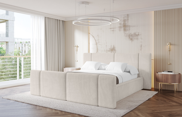 Bezug: Samt, Farbe: Beige - Casablanca 2301, Stoffbeschreibung: Polsterstoff Casablanca: „Pet-friendly“, leicht zu reinigen (CleanBOO+), wasserabweisend mit Lotuseffekt, scheuerfest (45.000 Martindale- Zyklen), Gewicht 310g/m2 ±5 %, Zimmer: Schlafzimmer, Länge: 224 cm, Breite: 188 cm, Höhe: 110 cm, Größe: 120x200 cm, Länge der Schlaffläche: 200 cm, Breite der Schlaffläche: 120 cm, Liegehöhe: 48 cm, Matratze: Mit H3 / H4 Taschenfederkern Matratze, Höhe der Matratze: 25 cm, Matratzentyp: Taschenfederkernmatratze, Bettkasten: Ja, Anzahl der Bettkasten: 1, Höhe der Bettkasten: 33 cm, Höhe des Kopfteils: 110 cm, Dicke des Kopfteils: 13 cm, Dicke des Fußteils: 13 cm, Gepolsterte Rückseite: Nein - 1