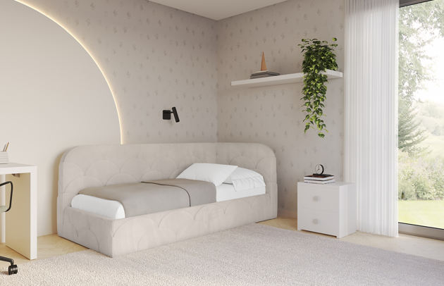 Bezug: Samt, Farbe: Beige - Casablanca 2301, Stoffbeschreibung: Polsterstoff Casablanca: „Pet-friendly“, leicht zu reinigen (CleanBOO+), wasserabweisend mit Lotuseffekt, scheuerfest (45.000 Martindale- Zyklen), Gewicht 310g/m2 ±5 %, Zimmer: Kinderzimmer, Länge: 219 cm, Breite: 119 cm, Höhe: 90 cm, Größe: 100x200 cm, Länge der Schlaffläche: 200 cm, Breite der Schlaffläche: 100 cm, Liegehöhe: 63 cm, Stellvariante: Linksseitig, Matratze: Mit H3 / H4 Taschenfederkern Matratze, Höhe der Matratze: 25 cm, Matratzentyp: Taschenfederkernmatratze, Bettkasten: Ja, Anzahl der Bettkasten: 1, Höhe der Bettkasten: 32 cm, Höhe des Kopfteils: 90 cm, Dicke des Kopfteils: 12 cm, Gepolsterte Rückseite: Nein - 1