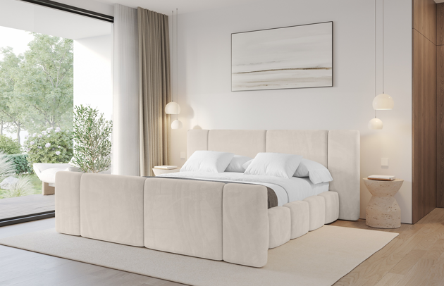 Bezug: Samt, Farbe: Beige - Casablanca 2301, Stoffbeschreibung: Polsterstoff Casablanca: „Pet-friendly“, leicht zu reinigen (CleanBOO+), wasserabweisend mit Lotuseffekt, scheuerfest (45.000 Martindale- Zyklen), Gewicht 310g/m2 ±5 %, Zimmer: Schlafzimmer, Länge: 224 cm, Breite: 188 cm, Höhe: 110 cm, Größe: 120x200 cm, Länge der Schlaffläche: 200 cm, Breite der Schlaffläche: 120 cm, Liegehöhe: 48 cm, Matratze: Mit H3 / H4 Taschenfederkern Matratze, Höhe der Matratze: 25 cm, Matratzentyp: Taschenfederkernmatratze, Bettkasten: Ja, Anzahl der Bettkasten: 1, Höhe der Bettkasten: 33 cm, Höhe des Kopfteils: 110 cm, Dicke des Kopfteils: 13 cm, Dicke des Fußteils: 13 cm, Gepolsterte Rückseite: Nein - 1