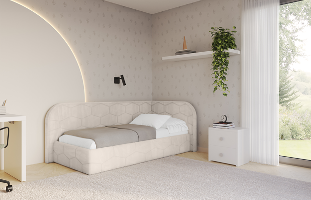 Bezug: Samt, Farbe: Beige - Casablanca 2301, Stoffbeschreibung: Polsterstoff Casablanca: „Pet-friendly“, leicht zu reinigen (CleanBOO+), wasserabweisend mit Lotuseffekt, scheuerfest (45.000 Martindale- Zyklen), Gewicht 310g/m2 ±5 %, Zimmer: Kinderzimmer, Länge: 223 cm, Breite: 123 cm, Höhe: 90 cm, Größe: 100x200 cm, Länge der Schlaffläche: 200 cm, Breite der Schlaffläche: 100 cm, Liegehöhe: 63 cm, Stellvariante: Linksseitig, Matratze: Mit H3 / H4 Taschenfederkern Matratze, Höhe der Matratze: 25 cm, Matratzentyp: Taschenfederkernmatratze, Bettkasten: Ja, Anzahl der Bettkasten: 1, Höhe der Bettkasten: 32 cm, Höhe des Kopfteils: 90 cm, Dicke des Kopfteils: 8 cm, Gepolsterte Rückseite: Nein - 1