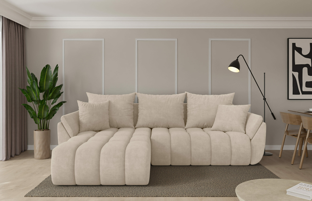 Bezug: Samt, Farbe: Beige - Dream Velvet 202.02, Stellvariante: Ottomane Links, Stoffbeschreibung: Polsterstoff Dream Velvet: Wasserabweisender und leicht zu reinigender Möbelstoff, scheuerfest (30.000 Martindale-Zyklen) lichtecht(6), pillingarm(4-5), 100 % PES, 360 g/m2±5%, Materialzusammensetzung: 100% PU, Pilling Resistenz: 5, Abriebfestigkeit: 5, Scheuerbeständigkeit: 30000 Martindale-Zyklen, Ausstattung: Kissen, Schlaffunktion: Mit Schlaffunktion, Zimmer: Wohnzimmer, Tiefe: 194 cm, Breite: 277 cm, Höhe: 86 cm, Länge der Schlaffläche: 233 cm, Breite der Schlaffläche: 132 cm, Liegehöhe: 38 cm, Anzahl der Sitzflächen: 4, Anzahl der Rückenkissen: 3, Art der Rückenkissen: Rückenkissen, Anzahl der Zierkissen: 2, Material der Füße: Kunststoff, Höhe der Füße: 3 cm, Tiefe der Armlehnen: 91 cm, Breite der Armlehnen: 22 cm, Höhe der Armlehnen: 66 cm, Breite der Ottomane: 101 cm, Tiefe der Ottomane: 179 cm, Tiefe der Sitzfläche: 95 cm, Sitzhöhe: 38 cm, Art des Stauraumes: Innenfach geschlossen - 1