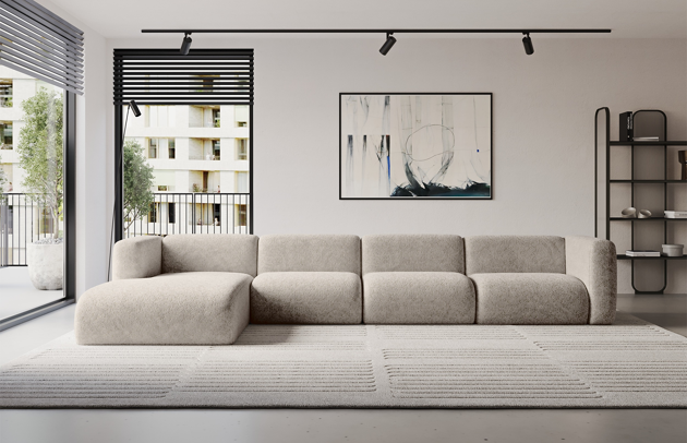 Bezug: Strukturstoff, Farbe: Beige - Bosco 08, Stellvariante: Ottomane Links, Stoffbeschreibung: Polsterstoff BOSCO:angenehm weich und voluminös im Griff, 100%PES, scheuerfest (>100.000 Martindale-Zyklen), Gewicht 500g/m² +/-10%, lichtecht (4-5), pillingarm (4-5)., Materialzusammensetzung: 100% PU, Pilling Resistenz: 5, Abriebfestigkeit: 5, Scheuerbeständigkeit: 100000 Martindale-Zyklen, Schlaffunktion: Ohne Schlaffunktion, Zimmer: Wohnzimmer, Tiefe: 179 cm, Breite: 409 cm, Höhe: 70 cm, Liegehöhe: 40 cm, Anzahl der Sitzflächen: 5, Art der Rückenkissen: Rückenlehne - feste, Material der Füße: Kunststoff, Höhe der Füße: 2,5 cm, Tiefe der Armlehnen: 89 cm, Höhe der Armlehnen: 70 cm, Breite der Ottomane: 113 cm, Tiefe der Ottomane: 152 cm, Tiefe der Sitzfläche: 60 cm, Sitzhöhe: 40 cm, Art des Stauraumes: Nicht zutreffend - 1