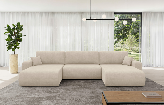 Bezug: Samt, Farbe: Beige - Dream Velvet 202.02, Stellvariante: U-Form, Stoffbeschreibung: Polsterstoff Dream Velvet: Wasserabweisender und leicht zu reinigender Möbelstoff, scheuerfest (30.000 Martindale-Zyklen) lichtecht(6), pillingarm(4-5), 100 % PES, 360 g/m2±5%, Materialzusammensetzung: 100% PU, Pilling Resistenz: 5, Abriebfestigkeit: 5, Scheuerbeständigkeit: 30000 Martindale-Zyklen, Ausstattung: Kissen, Schlaffunktion: Mit Schlaffunktion, Zimmer: Wohnzimmer, Tiefe: 193 cm, Breite: 377 cm, Höhe: 88 cm, Länge der Schlaffläche: 335 cm, Breite der Schlaffläche: 132 cm, Liegehöhe: 38 cm, Anzahl der Sitzflächen: 4, Anzahl der Rückenkissen: 3, Art der Rückenkissen: Rückenkissen, Anzahl der Zierkissen: 2, Material der Füße: Kunststoff, Höhe der Füße: 3 cm, Tiefe der Armlehnen: 100 cm, Breite der Armlehnen: 22 cm, Höhe der Armlehnen: 60 cm, Breite der Ottomane: 101 cm, Tiefe der Ottomane: 179 cm, Tiefe der Sitzfläche: 88 cm, Sitzhöhe: 38 cm, Art des Stauraumes: Innenfach geschlossen - 1