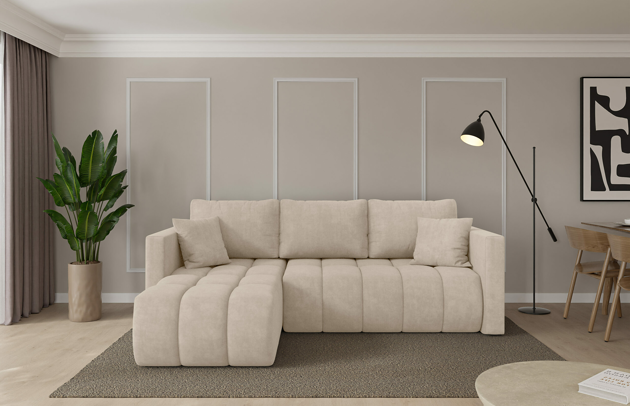 Bezug: Samt, Farbe: Beige - Dream Velvet 202.02, Stellvariante: Ottomane Links, Stoffbeschreibung: Polsterstoff Dream Velvet: Wasserabweisender und leicht zu reinigender Möbelstoff, scheuerfest (30.000 Martindale-Zyklen) lichtecht(6), pillingarm(4-5), 100 % PES, 360 g/m2±5%, Materialzusammensetzung: 100% PU, Pilling Resistenz: 5, Abriebfestigkeit: 5, Scheuerbeständigkeit: 30000 Martindale-Zyklen, Ausstattung: Kissen, Schlaffunktion: Mit Schlaffunktion, Zimmer: Wohnzimmer, Tiefe: 146 cm, Breite: 226 cm, Höhe: 85 cm, Länge der Schlaffläche: 204 cm, Breite der Schlaffläche: 113 cm, Liegehöhe: 37 cm, Anzahl der Sitzflächen: 3, Anzahl der Rückenkissen: 3, Art der Rückenkissen: Rückenkissen, Anzahl der Zierkissen: 2, Material der Füße: Kunststoff, Höhe der Füße: 3 cm, Tiefe der Armlehnen: 87 cm, Breite der Armlehnen: 11 cm, Höhe der Armlehnen: 60 cm, Breite der Ottomane: 73 cm, Tiefe der Ottomane: 132 cm, Tiefe der Sitzfläche: 68 cm, Sitzhöhe: 37 cm, Art des Stauraumes: Innenfach geschlossen - 1