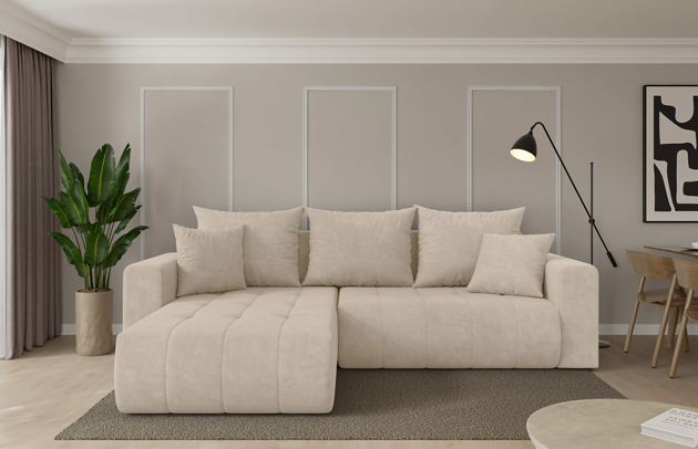 Bezug: Samt, Farbe: Beige - Dream Velvet 202.02, Stellvariante: Ottomane Links, Stoffbeschreibung: Polsterstoff Dream Velvet: Wasserabweisender und leicht zu reinigender Möbelstoff, scheuerfest (30.000 Martindale-Zyklen) lichtecht(6), pillingarm(4-5), 100 % PES, 360 g/m2±5%, Materialzusammensetzung: 100% PU, Pilling Resistenz: 5, Abriebfestigkeit: 5, Scheuerbeständigkeit: 30000 Martindale-Zyklen, Ausstattung: Kissen, Schlaffunktion: Mit Schlaffunktion, Zimmer: Wohnzimmer, Tiefe: 194 cm, Breite: 277 cm, Höhe: 86 cm, Länge der Schlaffläche: 233 cm, Breite der Schlaffläche: 132 cm, Liegehöhe: 38 cm, Anzahl der Sitzflächen: 5, Anzahl der Rückenkissen: 3, Art der Rückenkissen: Rückenkissen, Anzahl der Zierkissen: 2, Material der Füße: Kunststoff, Höhe der Füße: 3 cm, Tiefe der Armlehnen: 100 cm, Breite der Armlehnen: 22 cm, Höhe der Armlehnen: 70 cm, Breite der Ottomane: 101 cm, Tiefe der Ottomane: 179 cm, Tiefe der Sitzfläche: 95 cm, Sitzhöhe: 38 cm, Art des Stauraumes: Innenfach geschlossen - 1
