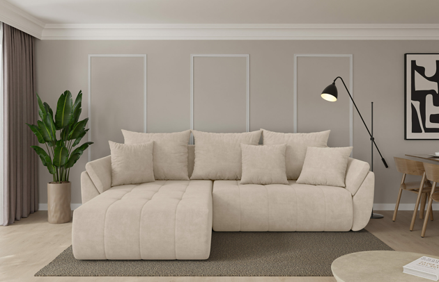 Bezug: Samt, Farbe: Beige - Dream Velvet 202.02, Stellvariante: Ottomane Links, Stoffbeschreibung: Polsterstoff Dream Velvet: Wasserabweisender und leicht zu reinigender Möbelstoff, scheuerfest (30.000 Martindale-Zyklen) lichtecht(6), pillingarm(4-5), 100 % PES, 360 g/m2±5%, Materialzusammensetzung: 100% PU, Pilling Resistenz: 5, Abriebfestigkeit: 5, Scheuerbeständigkeit: 30000 Martindale-Zyklen, Ausstattung: Kissen, Schlaffunktion: Mit Schlaffunktion, Zimmer: Wohnzimmer, Tiefe: 194 cm, Breite: 277 cm, Höhe: 86 cm, Länge der Schlaffläche: 233 cm, Breite der Schlaffläche: 132 cm, Liegehöhe: 38 cm, Anzahl der Sitzflächen: 4, Anzahl der Rückenkissen: 3, Art der Rückenkissen: Rückenkissen, Anzahl der Zierkissen: 2, Material der Füße: Kunststoff, Höhe der Füße: 3 cm, Tiefe der Armlehnen: 91 cm, Breite der Armlehnen: 22 cm, Höhe der Armlehnen: 66 cm, Breite der Ottomane: 101 cm, Tiefe der Ottomane: 180 cm, Tiefe der Sitzfläche: 95 cm, Sitzhöhe: 38 cm, Art des Stauraumes: Innenfach geschlossen - 1