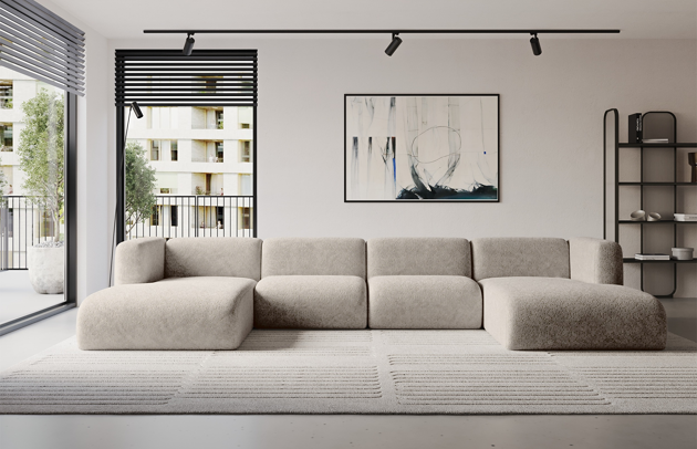 Bezug: Strukturstoff, Farbe: Beige - Bosco 08, Stellvariante: U-Form, Stoffbeschreibung: Polsterstoff BOSCO:angenehm weich und voluminös im Griff, 100%PES, scheuerfest (>100.000 Martindale-Zyklen), Gewicht 500g/m² +/-10%, lichtecht (4-5), pillingarm (4-5)., Materialzusammensetzung: 100% PU, Pilling Resistenz: 5, Abriebfestigkeit: 5, Scheuerbeständigkeit: 100000 Martindale-Zyklen, Schlaffunktion: Ohne Schlaffunktion, Zimmer: Wohnzimmer, Tiefe: 179 cm, Breite: 408 cm, Höhe: 70 cm, Liegehöhe: 40 cm, Anzahl der Sitzflächen: 5, Art der Rückenkissen: Rückenlehne - feste, Material der Füße: Kunststoff, Höhe der Füße: 2,5 cm, Tiefe der Armlehnen: 89 cm, Höhe der Armlehnen: 70 cm, Breite der Ottomane: 113 cm, Tiefe der Ottomane: 152 cm, Tiefe der Sitzfläche: 60 cm, Sitzhöhe: 40 cm, Art des Stauraumes: Nicht zutreffend - 1