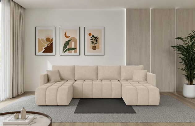Bezug: Samt, Farbe: Beige - Dream Velvet 202.02, Stellvariante: U-Form, Stoffbeschreibung: Polsterstoff Dream Velvet: Wasserabweisender und leicht zu reinigender Möbelstoff, scheuerfest (30.000 Martindale-Zyklen) lichtecht(6), pillingarm(4-5), 100 % PES, 360 g/m2±5%, Materialzusammensetzung: 100% PU, Pilling Resistenz: 5, Abriebfestigkeit: 5, Scheuerbeständigkeit: 30000 Martindale-Zyklen, Ausstattung: Kissen, Schlaffunktion: Mit Schlaffunktion, Zimmer: Wohnzimmer, Tiefe: 146 cm, Breite: 300 cm, Höhe: 85 cm, Länge der Schlaffläche: 277 cm, Breite der Schlaffläche: 113 cm, Liegehöhe: 37 cm, Anzahl der Sitzflächen: 6, Anzahl der Rückenkissen: 4, Art der Rückenkissen: Rückenkissen, Anzahl der Zierkissen: 3, Material der Füße: Kunststoff, Höhe der Füße: 3 cm, Tiefe der Armlehnen: 87 cm, Breite der Armlehnen: 11 cm, Höhe der Armlehnen: 60 cm, Breite der Ottomane: 73 cm, Tiefe der Ottomane: 132 cm, Tiefe der Sitzfläche: 68 cm, Sitzhöhe: 37 cm, Art des Stauraumes: Innenfach geschlossen - 1