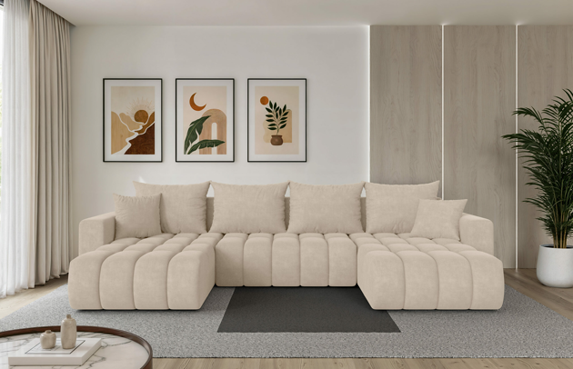 Bezug: Samt, Farbe: Beige - Dream Velvet 202.02, Stellvariante: U-Form, Stoffbeschreibung: Polsterstoff Dream Velvet: Wasserabweisender und leicht zu reinigender Möbelstoff, scheuerfest (30.000 Martindale-Zyklen) lichtecht(6), pillingarm(4-5), 100 % PES, 360 g/m2±5%, Materialzusammensetzung: 100% PU, Pilling Resistenz: 5, Abriebfestigkeit: 5, Scheuerbeständigkeit: 30000 Martindale-Zyklen, Ausstattung: Kissen, Schlaffunktion: Mit Schlaffunktion, Zimmer: Wohnzimmer, Tiefe: 194 cm, Breite: 378 cm, Höhe: 86 cm, Länge der Schlaffläche: 334 cm, Breite der Schlaffläche: 132 cm, Liegehöhe: 38 cm, Anzahl der Sitzflächen: 6, Anzahl der Rückenkissen: 4, Art der Rückenkissen: Rückenkissen, Anzahl der Zierkissen: 2, Material der Füße: Kunststoff, Höhe der Füße: 3 cm, Tiefe der Armlehnen: 100 cm, Breite der Armlehnen: 22 cm, Höhe der Armlehnen: 60 cm, Breite der Ottomane: 101 cm, Tiefe der Ottomane: 179 cm, Tiefe der Sitzfläche: 95 cm, Sitzhöhe: 38 cm, Art des Stauraumes: Innenfach geschlossen - 1