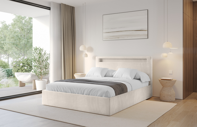 Bezug: Samt, Farbe: Beige - Casablanca 2301, Stoffbeschreibung: Polsterstoff Casablanca: „Pet-friendly“, leicht zu reinigen (CleanBOO+), wasserabweisend mit Lotuseffekt, scheuerfest (45.000 Martindale-Zyklen), Gewicht 310 g/m² ±5 %, Zimmer: Schlafzimmer, Länge: 212 cm, Breite: 148 cm, Höhe: 103 cm, Größe: 140x200 cm, Länge der Schlaffläche: 200 cm, Breite der Schlaffläche: 140 cm, Liegehöhe: 50 cm, Matratze: Mit H3 / H4 Taschenfederkern Matratze, Höhe der Matratze: 25 cm, Matratzentyp: Taschenfederkernmatratze, Bettkasten: Ja, Anzahl der Bettkasten: 1, Höhe der Bettkasten: 31 cm, Höhe des Kopfteils: 103 cm, Dicke des Kopfteils: 13 cm, Gepolsterte Rückseite: Nein - 1
