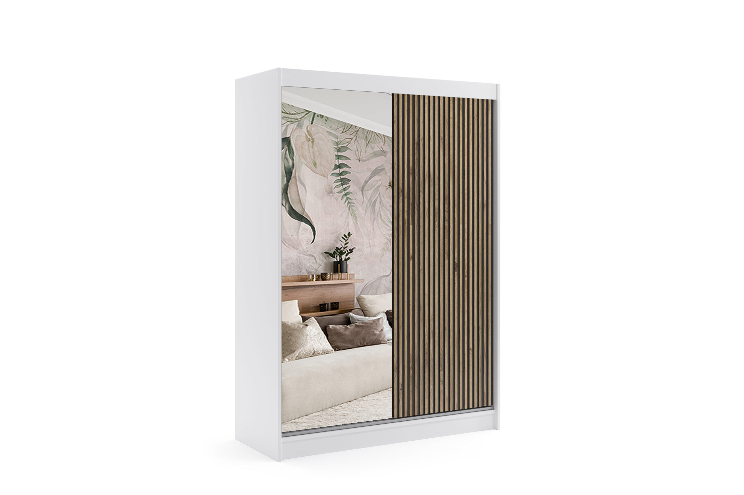 Schiebetürenschränke VILAN 150 cm x 61 cm x 215 cm Weiß + Lamelle Eiche Wotan