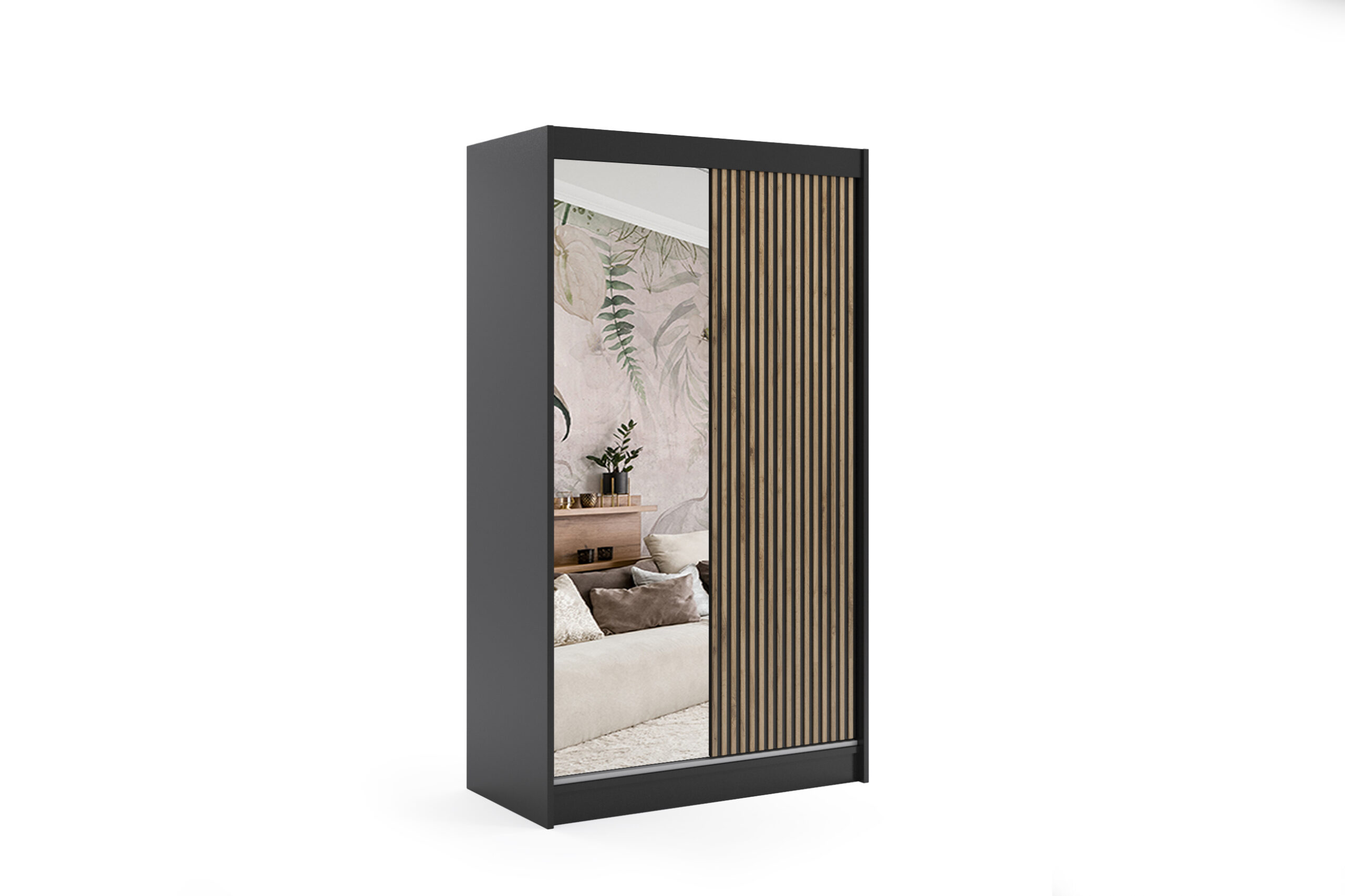 Schiebetürenschränke VILAN 120 cm x 61 cm x 215 cm Schwarz + Lamelle Eiche Wotan