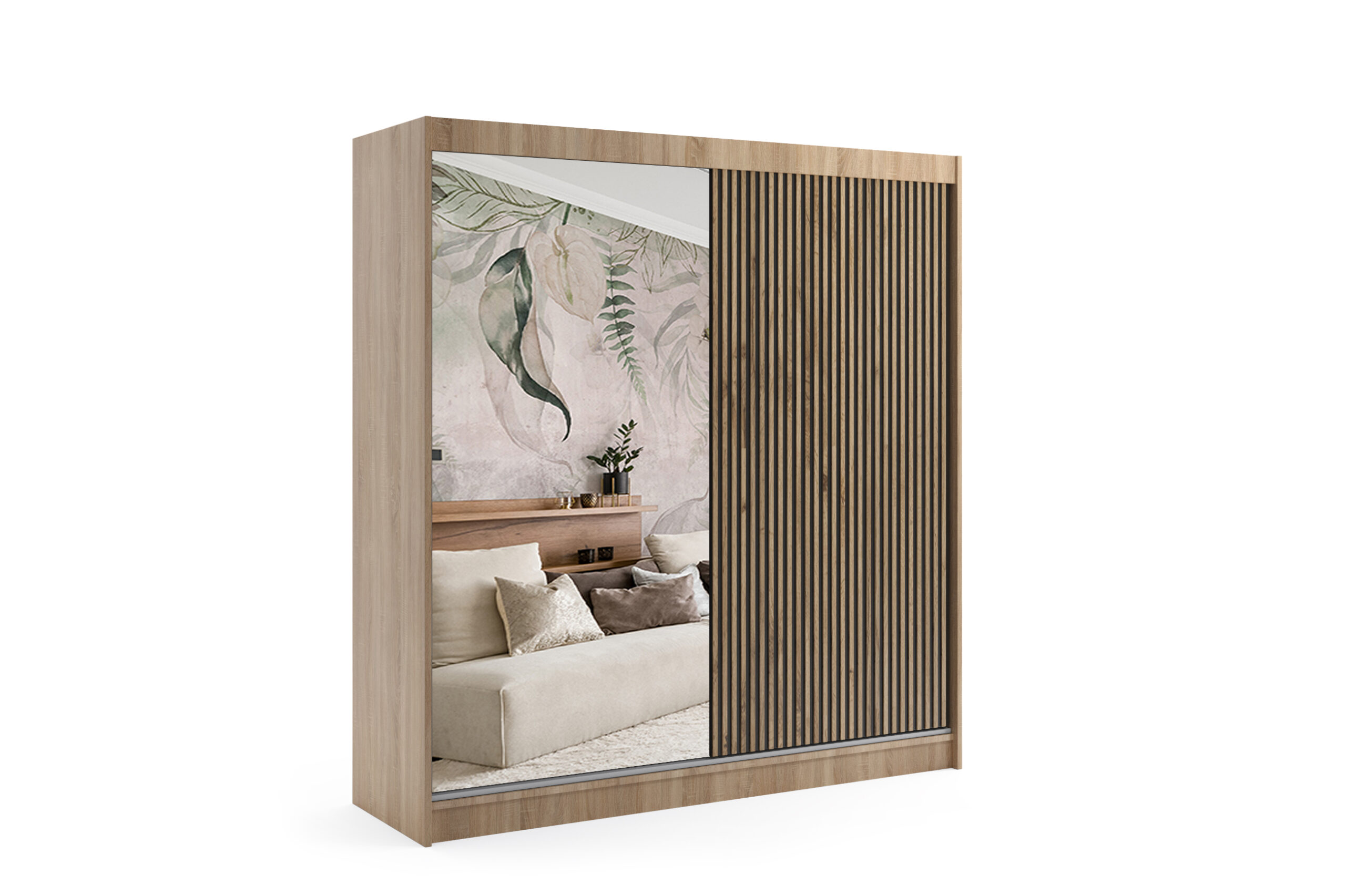 Schiebetürenschränke VILAN 200 cm x 61 cm x 215 cm Eiche Sonoma + Lamelle Eiche Wotan