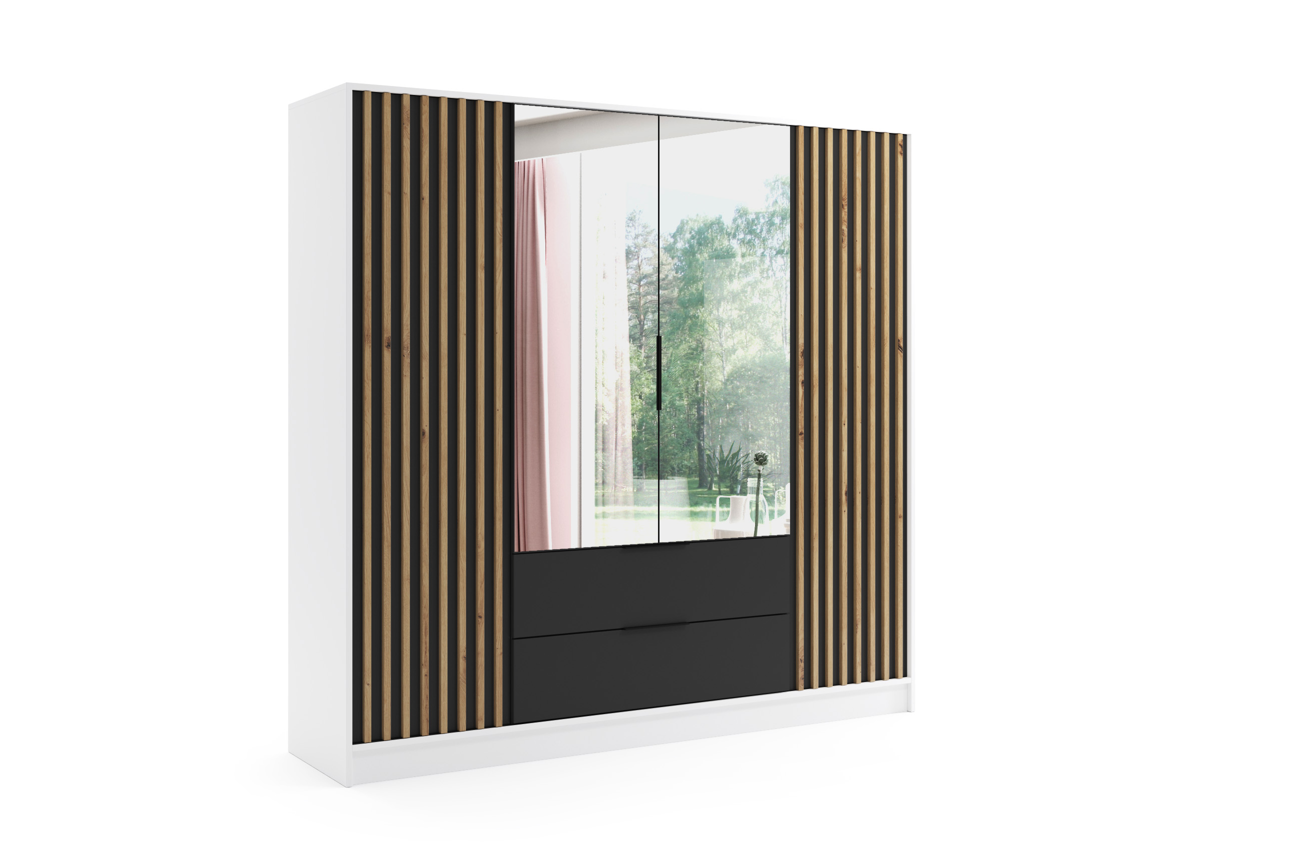 Drehtürenschränke NERA 200 cm x 51 cm x 200 cm Weiß + Schwarz + Eiche Artisan