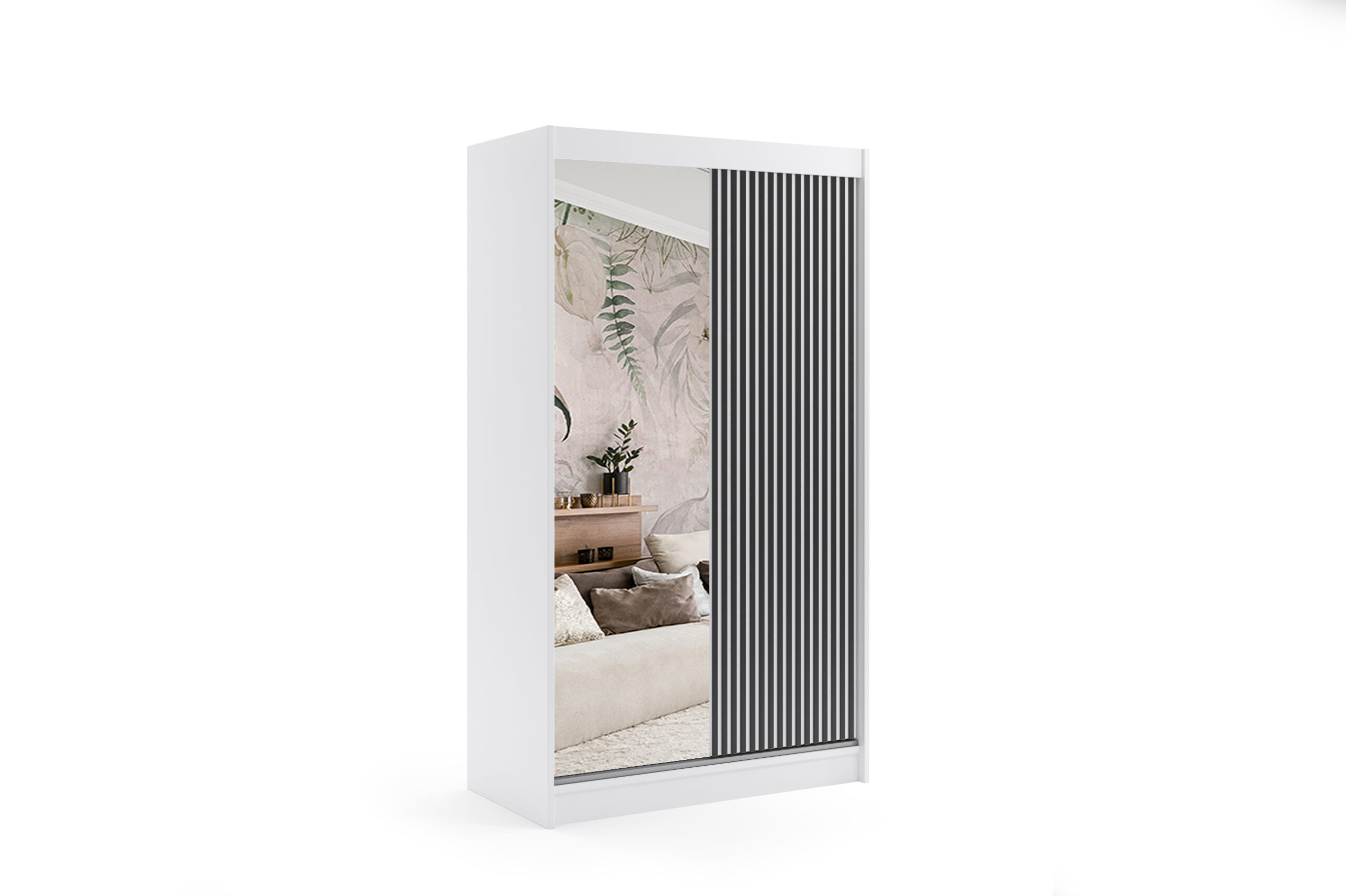 Schiebetürenschränke VILAN 120 cm x 61 cm x 215 cm Weiß + Lamelle schwarz