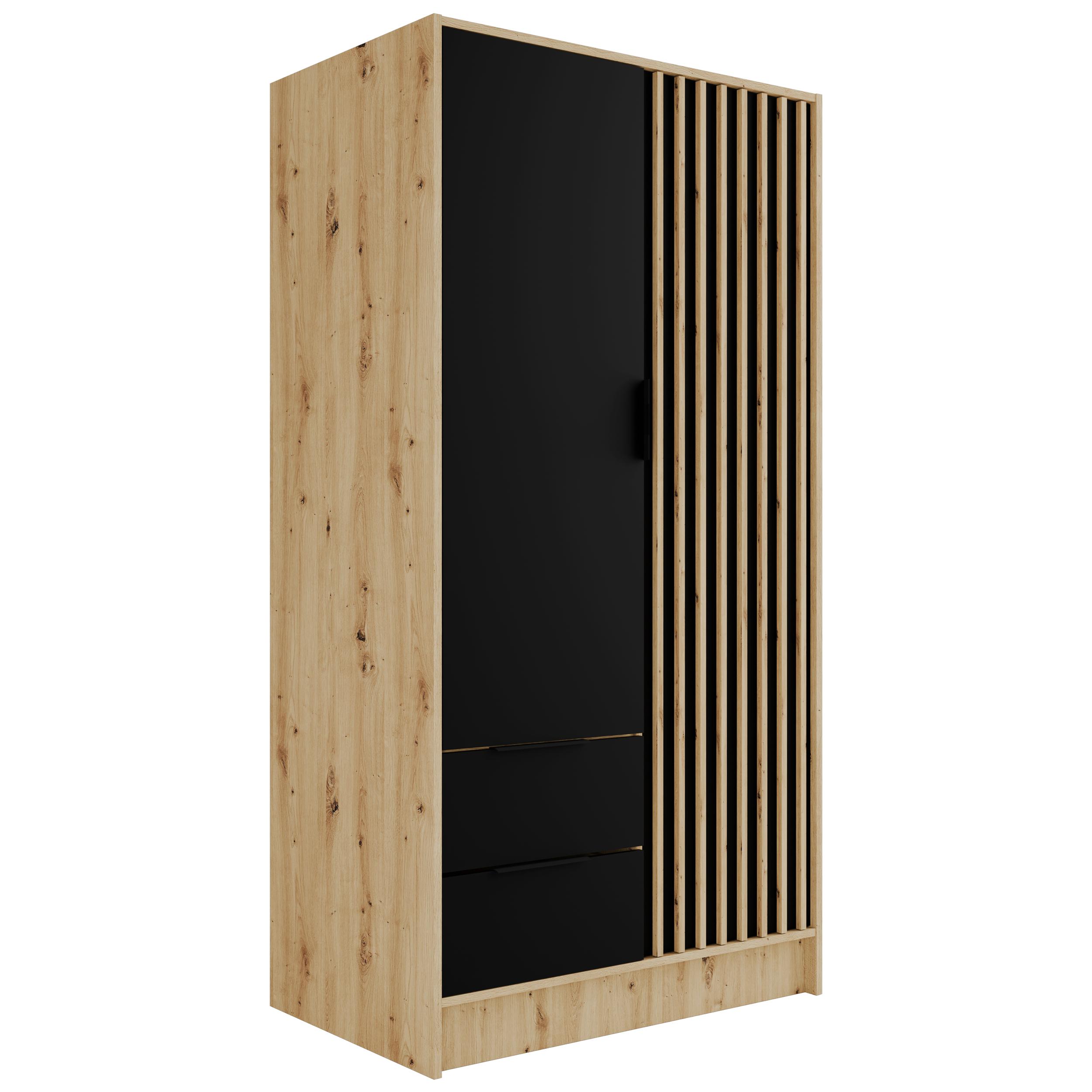 Drehtürenschränke NELIA 102 cm x 51 cm x 200 cm Eiche Artisan + Schwarz + Eiche Artisan