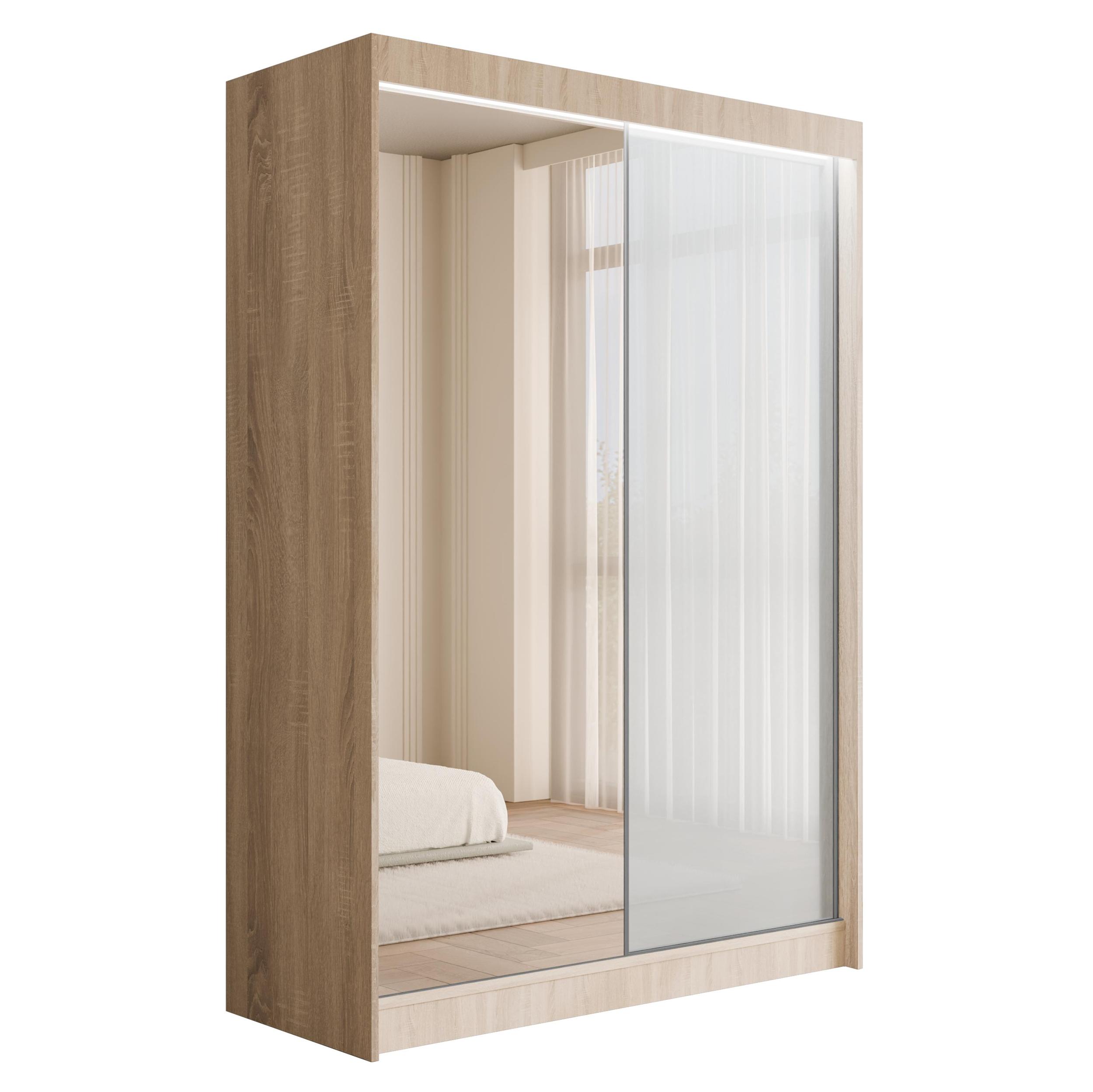 Schiebetürenschränke VESLI 120 cm x 61 cm x 215 cm Eiche Sonoma + Lacobel Weiß