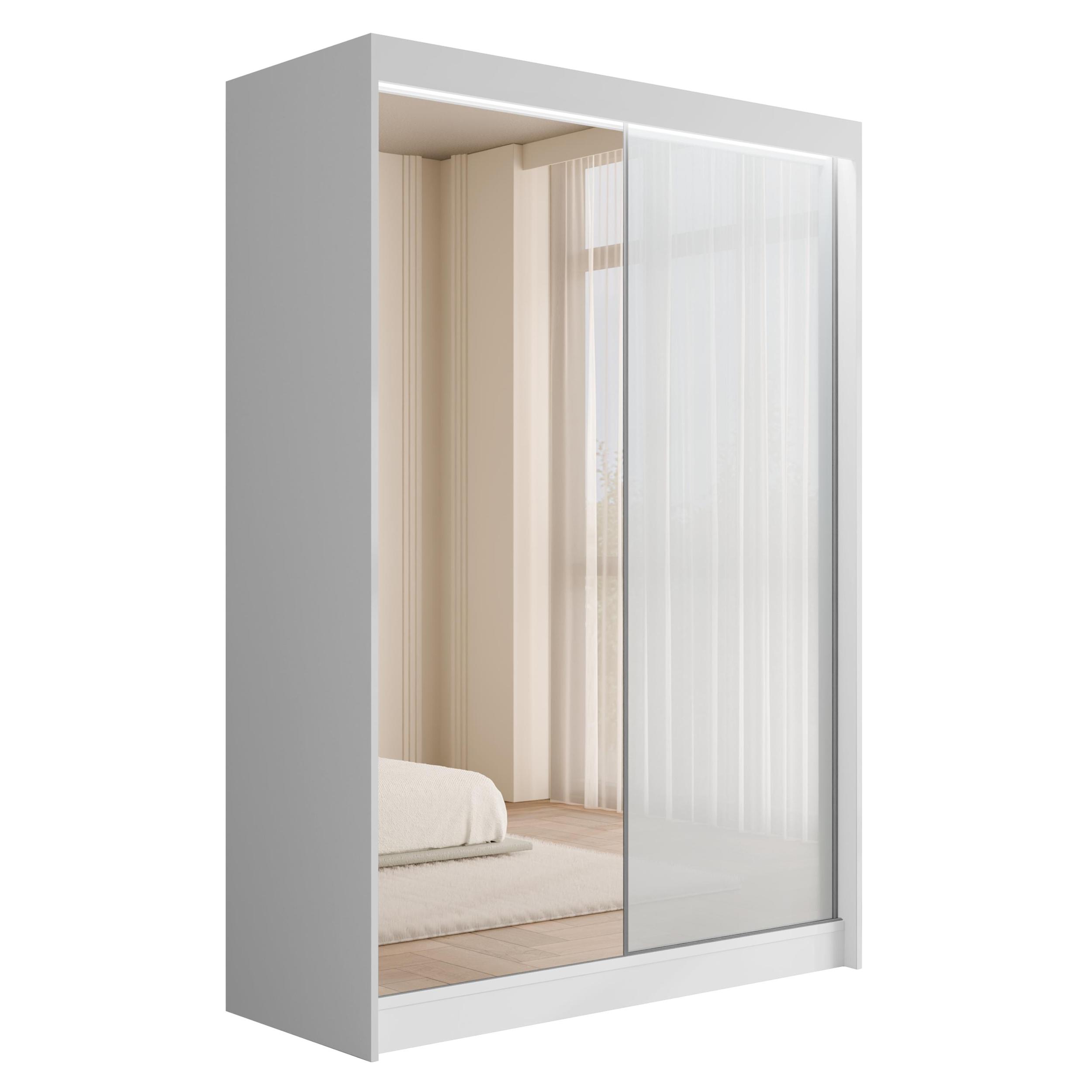 Schiebetürenschränke VESLI 150 cm x 61 cm x 215 cm Weiß + Lacobel Weiß